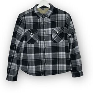Eddie Bauer Sherpa Lined Snaps Black Plaid Flannel Shirt Jacket Youth Size 10/12